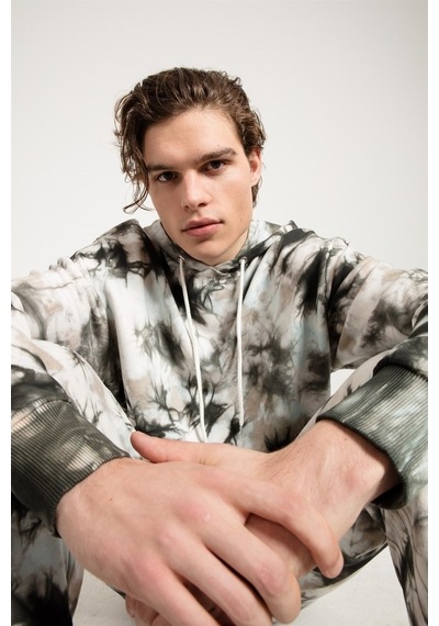 Jahr Marc Batik Yıkamalı Gri Oversize Erkek Kapüşonlu Sweatshirt Gri