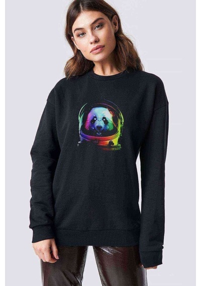 Uzaylı Panda Astronaut Panda Asronot Uzay Baskılı Siyah Kadın Sw