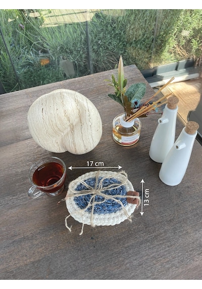 4 Adet Oval Kılfılı Bardak Altlığı- Leke Tutmaz- Beyaz-mavi 13x17 Cm Beyaz - Mavi