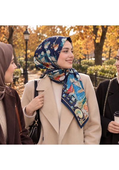 Zer Scarf Okyanus Desen Eşarp/omuz Şalı Lacivert
