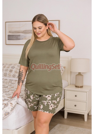 Lady Haki Yeşil Renk Çiçek Desenli 10447 Şortlu Büyük Beden Anne Pijama Takımı