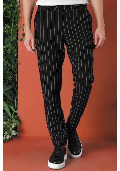 Efor Comfort Fit Yandan Tokalı Çizgili Keten Casual Siyah Pantolon P 1151 Siyah