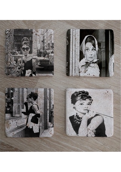 Siyah Beyaz Audrey Hepburn Fotoğrafları Doğal Taş Bardak Altlığı 4'lü Set - Natural Stone Coasters - Taş Beyaz - Siyah
