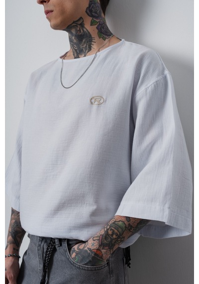 Respire Erkek R Nakışlı Fakir Kol Müslin Oversize T-shirt Beyaz