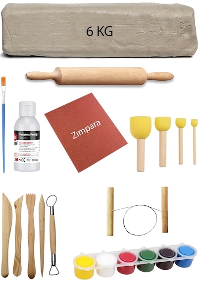 Beyaz Seramik Hamuru 6 Kg Kil Ebeşuar Seti 6x15 Ml Akrilik Set 100 Ml Vernik Ahşap Merdane Zımpara Çok Renkli