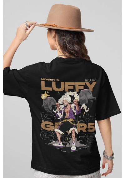 Monkey D. Luffy Gear 5 Sırt Baskılı Unisex Oversize Anime Tişört Siyah