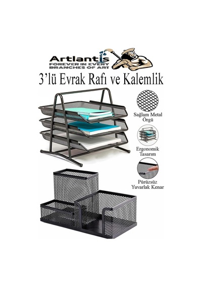 Siyah Metal Evrak Rafı 3 Lü Ve Masaüstü Kalemlik 1 Paket Masaüstü A4 Dosya 3 Katlı Düzenleyici Kağıt Tepsisi Metal Siyah