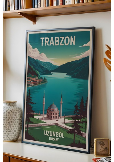 Trabzon Uzungöl Tablo - Retro Travel Poster - Karadeniz Şehir Serisi Duvar Dekoru - Çerçeveli Poster Siyah