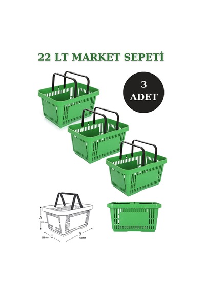 3 adet 22Litre Market ve Alışveriş Sepeti, Saplı Market Sepeti Y