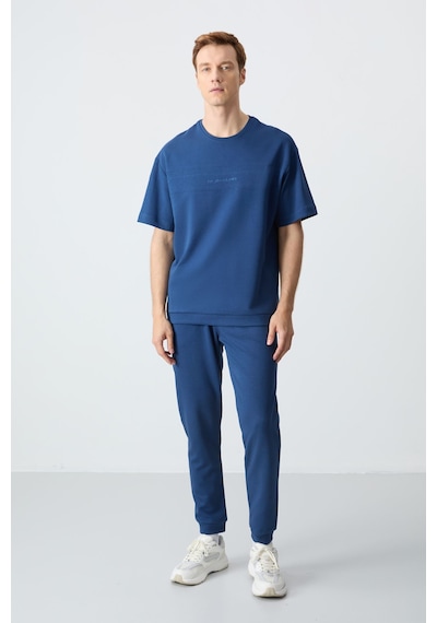Tommy Life Parlament Pamuklu Kalın Yumuşak Dokulu Oversize Fit Basic Erkek Eşofman Takım - 85261 Mavi