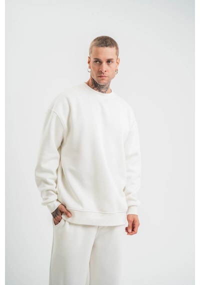 Erkek Uzun Kol Bisiklet Yaka 3 İplik Pamuklu Kışlık Sweatshirt - Beyaz