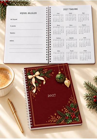 A5 Spiralli Defter 2027 Takvimli 50 Yaprak 100 Sayfa Çizgili Kırmızı Yılbaşı Desenli Not Defteri