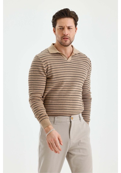 Cool Tarz Erkek Patlı Slim Fit Çizgi Detaylı Uzun Kollu Polo Yaka Triko Kazak Taş Taş