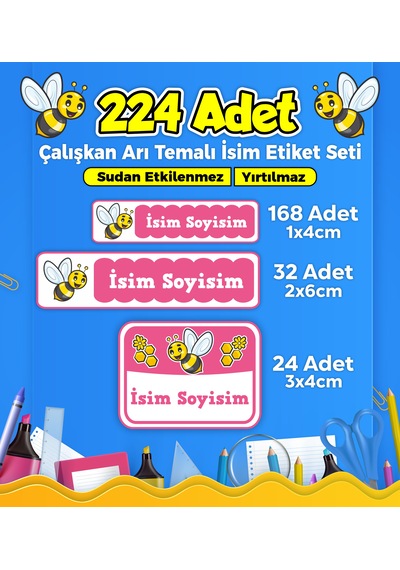 Sevimli Arı Temalı Okul Kreş Kişiye Özel İsim Etiket Seti - Model 30 Çok Renkli
