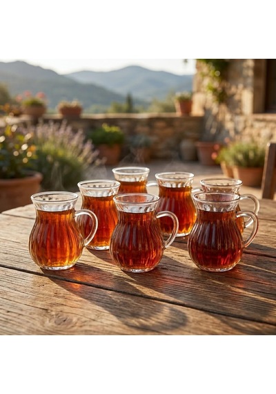 6'li Kulplu Borosilikat Fitil Desenli Cam Çay Bardağı Seti - Şeffaf Ve Isıya Dayanıklı Şık Çay Takımı 180ml Çok Renkli