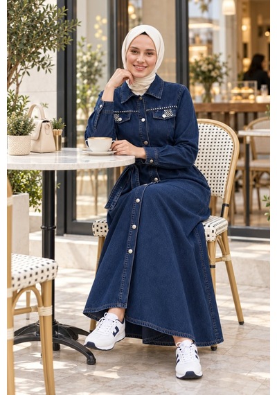 Hb Harma Time Butik Kadın Düğmeli Boncuk İşlemeli Kuşaklı Kot Lacivert Elbise