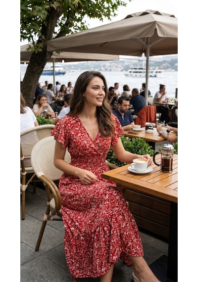 De'charme Kadın Kısa Kollu Kruvaze Yaka Beli Lastikli Çiçek Desenli Elbise Kırmızı