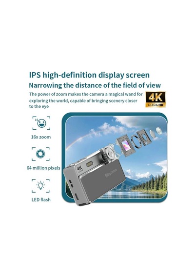 Dijital Kamera 4k Hd 48mp 8x Zoom Flaşlı Kayar Retro Video Kamera 2.4 Ekran 64gb Sd Kart Hediyeli Gümüş