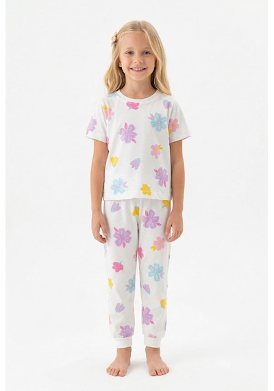 Bunny Hopp Renkli Çiçek Desenli Kısa Kollu Kız Çocuk Pijama Takımı - %100 Pamuklu Beyaz Takım
