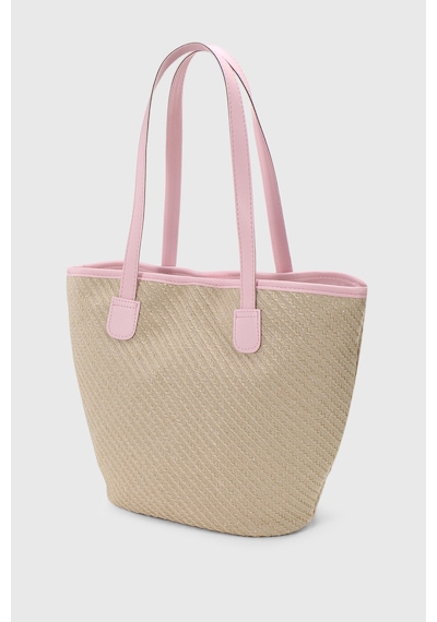Housebags Doğal Hasır Pembe Deri Askılı Plaj Çantası Hasır Pembe