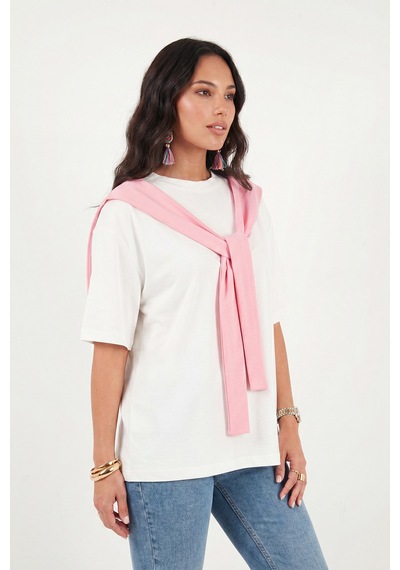 Lela Rahat Kalıp Bisiklet Yaka Omuz Şal Detaylı T Shirt Bayan T Shirt 5867044 Ekru-pembe
