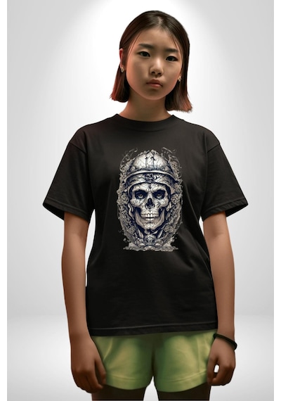 Kask Miğfer İskelet Asker Pamuklu Bisiklet Yaka Unisex Oversize Boyfriend Dijital Baskılı Siyah T-shirt Siyah
