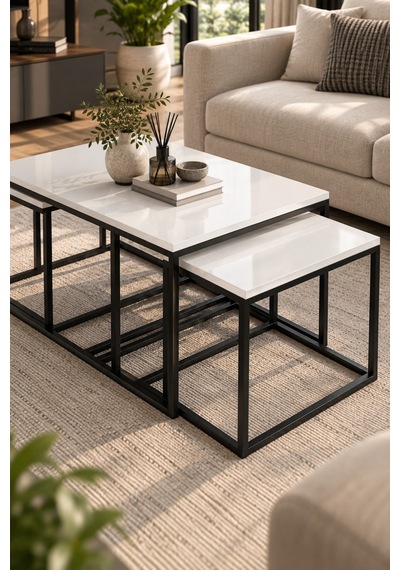 Sulorahome 4'lü Beyaz Orta Sehpa Ve Zigon Sehpa Seti Metal Ayaklı