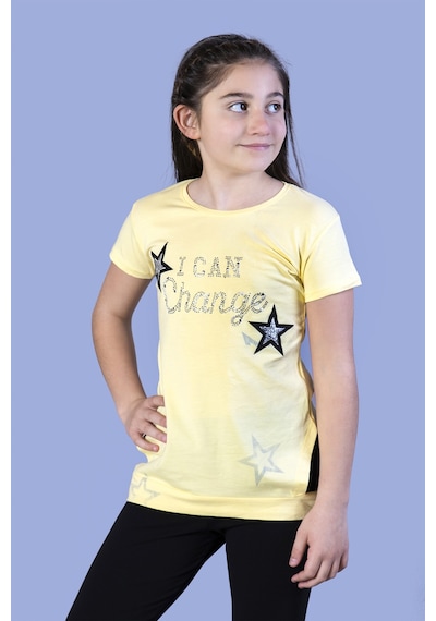 Toontoy Kids Toontoy Kız Çocuk Yıldız Baskılı Taş İşlemeli Tişört Sarı