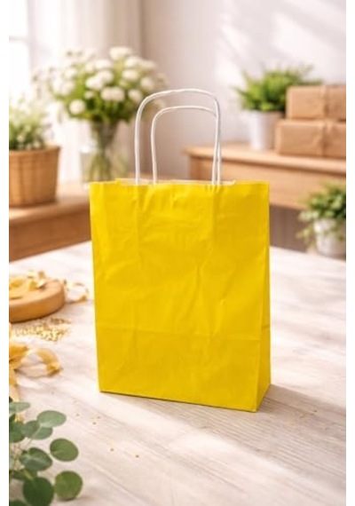 Çelikpençe Kraft Kağıt Çanta, Büküm Saplı, 25x31x12 Cm, Hediyelik Butik Mağaza Poşeti, 25 Adet Sarı