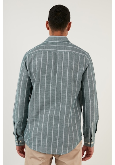 Buratti Pamuklu Çizgili Regular Fit Düğmeli Yaka Erkek Gömlek Cf21S112480 Haki-Beyaz