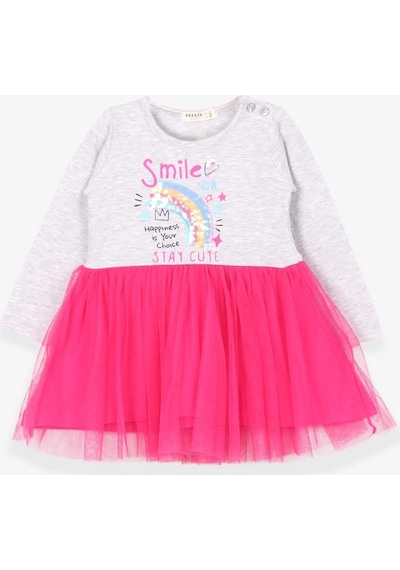 Breeze Kız Çocuk Uzun Kollu Elbise Gökkuşağı Baskılı Gri Melanj (1.5-5 Y