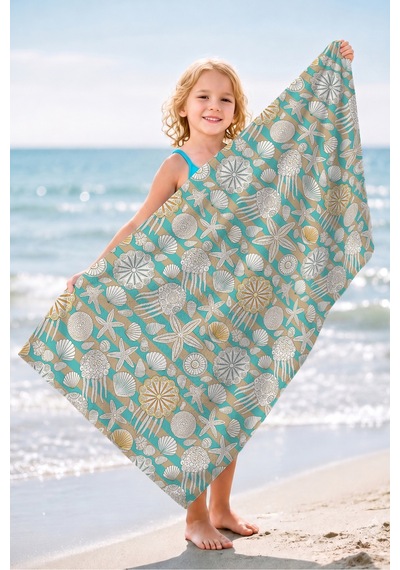 Deniz Kabuğu Yıldız Denizanası Plaj Havlusu-turkuaz Bej Marine Modern Hızlı Kuruyan Mikrofiber Havlu Kül Defne