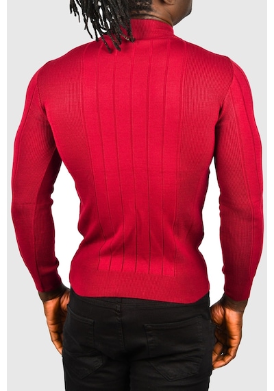 Deepsea Erkek Bordo Yarım Balıkçı Yaka Çizgili Tüylenmeyen Slim Fit Triko Kazak 2505491 Bordo