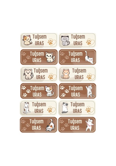 Kişiye Özel 12 Adet Sevimli Kedi Temalı Kitap Etiketi - A4 Parlak Kuşe Sticker Diğer