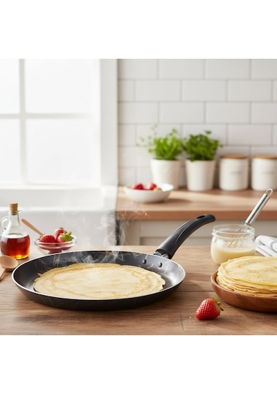 Papilla Desert 25 Cm Krep Tavası - Siyah Üzeri Gold İzmir Desenli Yanmaz Yapışmaz Pankek Ve Akıtma Tavası Çok Renkli