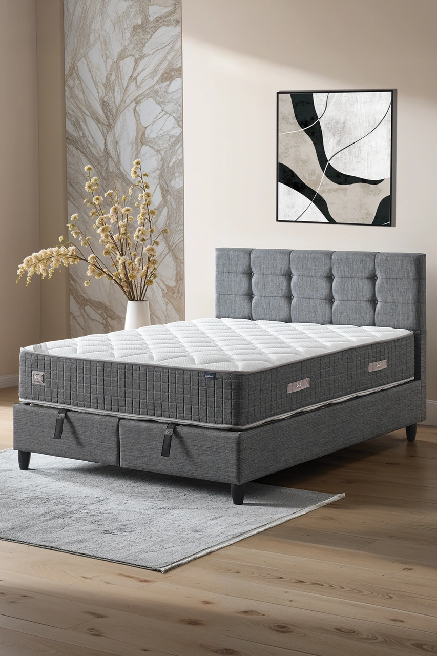 Mimoza Modeli Çift Kişilik Full Ortopedik Yataklı Sandıklı Baza Ve Başlık Takımı 3 Lü Set 160 x 200