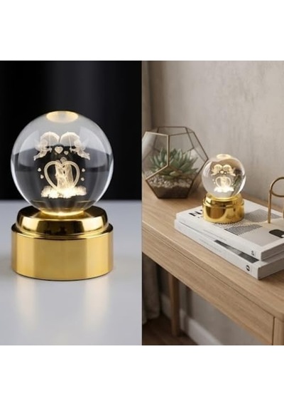 3d Lazer Kazımalı Kristal Top Gece Lambası, Altın Rengi Tabanlı, Usb Bağlantılı, Romantik Çift Temalı, Masa Dekoru