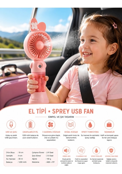 Glr K03 Taşınabilir Sulu El Fanı, Mini Buharlı Vantilatör, Type-c Şarjlı Seyahat Fanı