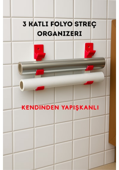 Superpup Streç Folyo Rulo Organizeri 3 Katlı Kırmızı Düzenleyici Yapışkanlı Kırmızı