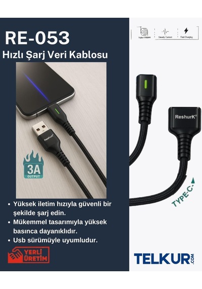 Ferro Reshurk Re-053 Usb-c & Type-c Ledli 1000cm 3a Hızlı Data - Şarj Hasır Kablo