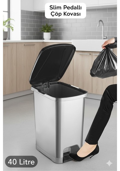 40 L Pedallı Gri/siyah İç Kovalı Slim Çöp Kovası - Mutfak Ve Banyo Uygun Gri - 836816396 Gri