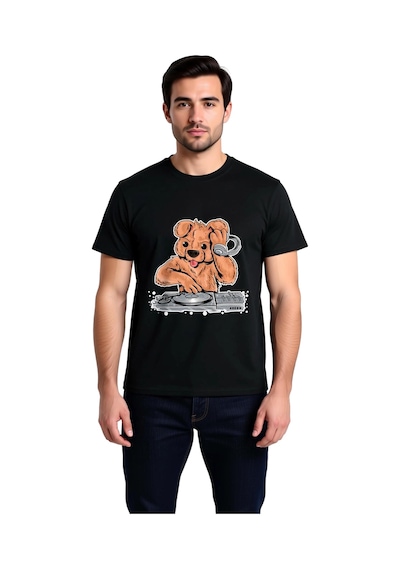 Paybuy Erkek Dj Köpek Kulaklık Turntable Müzik Baskılı Pamuk Tişört Casu Siyah