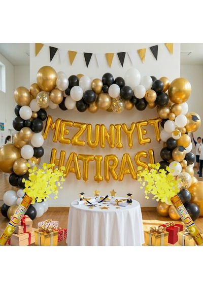 2 Adet Gold Konfeti Hediyeli Mezuniyet Hatırası Gold Folyo Harf Beyaz Siyah Gold Balon Süsleme Altın - Beyaz