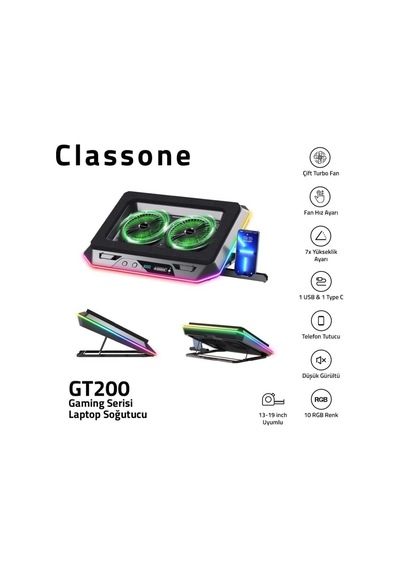 Classone Gaming Gt200 Laptop Soğutucu Notebook Stand, 3000 Rpm,10 Rgb Işık Kontrolü, 15.6-17 İnch, Hız Kontrolü, 2 Büyük Fan,telefon Standı, 1 Type-c Usb,1 Usb