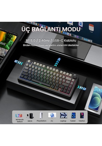 Aula F75 Mekanik Rgb Tkl Reaper Switch Kablosuz Makrolu Hot Swap Klavye Gradyan Gri