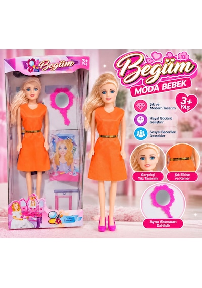 Begüm Moda Bebek Turuncu Elbiseli Oyuncak Bebek Ve Ayna Aksesuarı 3+ Yaş 001