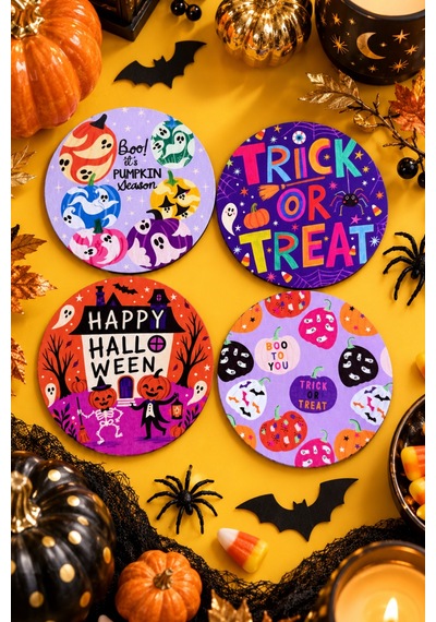 Trick Or Treat Renkli Halloween Temalı 4 Lü Bardak Altlığı Set 9 Cm, 3 Mm Ahşap Mdf, Dijital Baskı - 933735897 Diğer