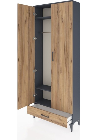 Arges Dolap 3 Raflı Tek Çekmeceli Tek Askılı 88x30x221 Antrasit-çam Antrasit