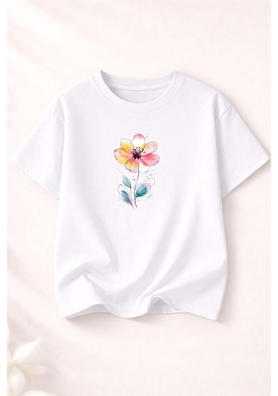 Herkesemoda Renkli Çiçek Baskı Detaylı Kadın Bisiklet Yaka Pamuklu T-shirt Beyaz