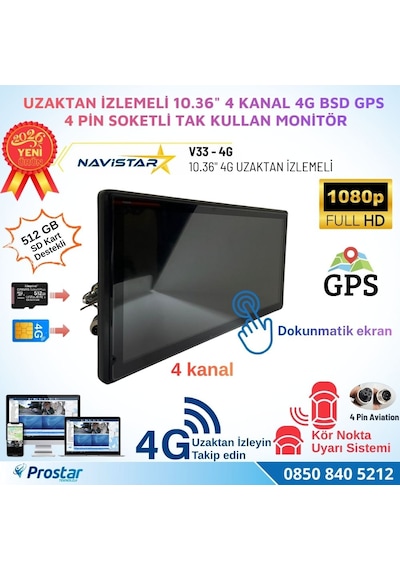 Uzaktan İzlemeli 10.36 İnç Dokunmatik 4 Kanal 4g Gps Bsd Kör Nokta Uyarı Sistemli Monitör